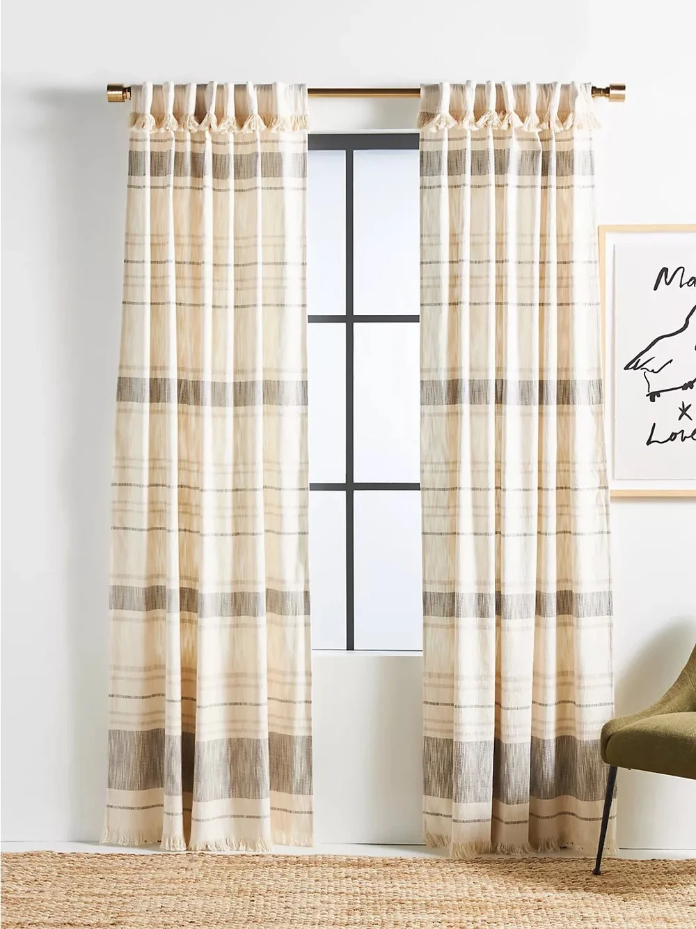 Anthropologie Cream and Gray Striped Sheer Drapes